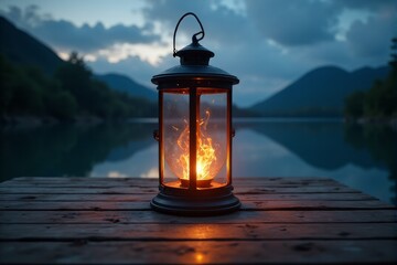 A calming image of a glowing lantern placed on a peaceful wooden dock