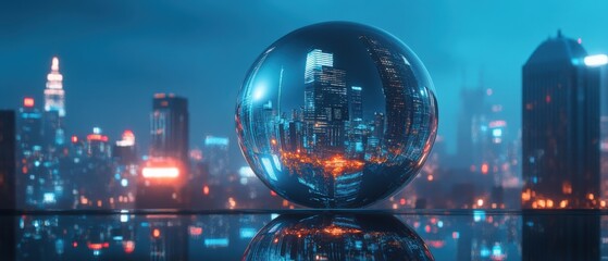 a crystal ball reflecting a city skyline at night