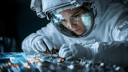 close up of astronaut tightening bolts on spacecraft, showcasing focus and precision in space environment