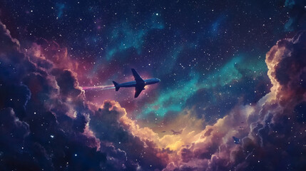 Fototapeta premium stunning airplane flying through vibrant night sky filled with colorful clouds and stars, creating magical atmosphere