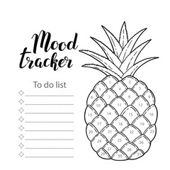Coloring page mood tracker blank with hand drawn lettering and pineapple sketch. Bullet journal or monthly planer template. Printable organizer, diary, planner for important goals