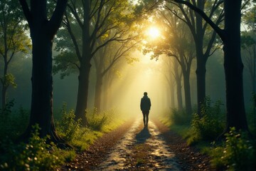 A calming scene of a person walking through a glowing forest pathway