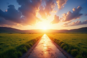 A calming scene of a glowing pathway leading to a bright horizon