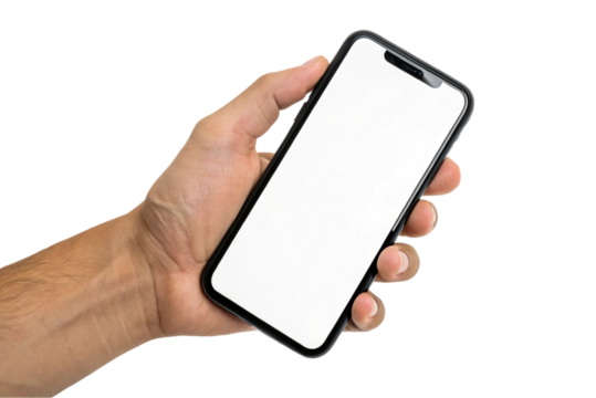 Smartphone with white screen- shows by man's hand in vertical position isolated on transparent background - Powered by Adobe