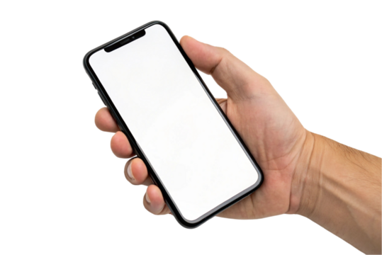 Smartphone with white screen- shows by man's hand in vertical position isolated on transparent background, cutout, download