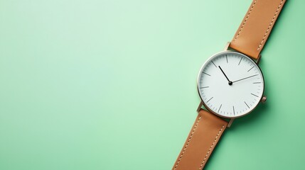 A portable watch with leather straps on a pastel green gradient backdrop