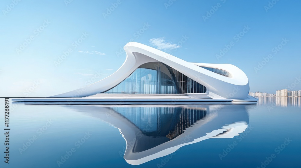 Poster A modern, futuristic building with a sleek design reflecting in calm water.