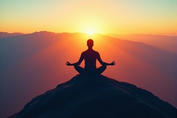 A serene visual of a person meditating on a mountain peak during sunrise
