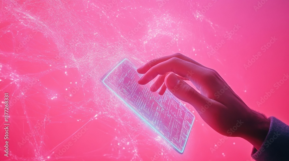 Poster close up of businessman hand using tablet with abstract coding and digital web hologram on pink back