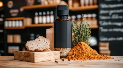 Naklejka premium Spices and herbs displayed on wooden table in a cozy culinary shop