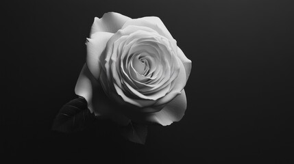 Single white rose in monochrome, dark background, close-up view.