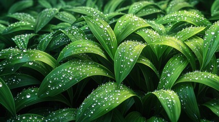 Obraz premium Dewy green leaves in a forest, sunlight dappling through trees