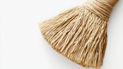 A rustic wooden broom with natural straw fibers on a white background