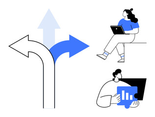 Businesswoman with laptop, businessman holding data analysis, large blue arrow pointing in three directions. Ideal for decision-making, data analysis, career growth, guidance, planning, strategy