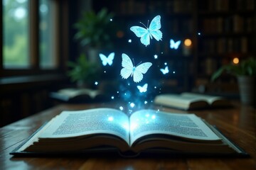 A conceptual image of an open book with glowing butterflies flying out
