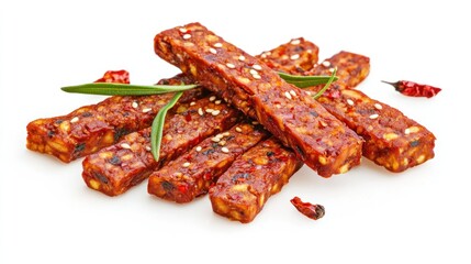 Spicy, sweet, sesame seed fruit and nut bars on white background.