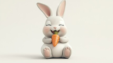 Obraz premium A joyful bunny feasting on a carrot, sitting with its hind legs folded, isolated on white.