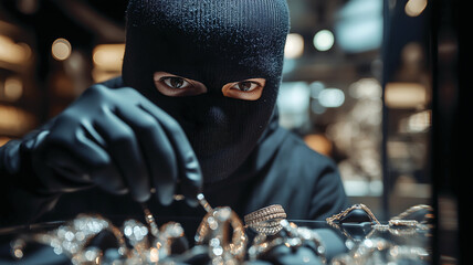 Masked burglar with black gloves stealing valuable jewelry