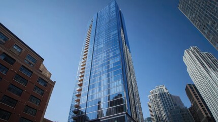 Obraz premium A low-angle view of tall skyscrapers with reflective glass facades under a bright, clear sky.