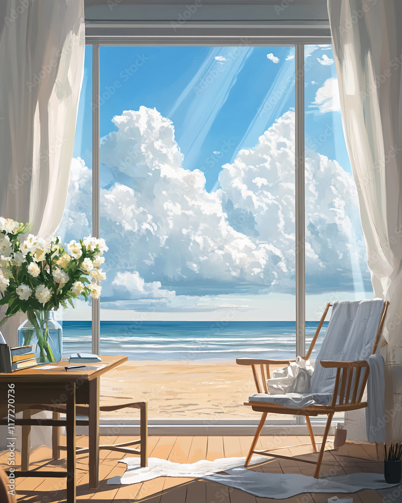 Poster oceanfront view through open window with elegant decor and natural lighting