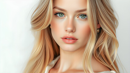 Naklejka premium Flawless gorgeous clean face skin of blonde woman isolated on white background. Skincare wellness health sexy gloss lips make-up beauty portrait. Beautiful young woman natural lighted model long hair