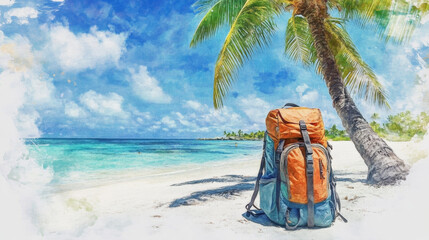 Obraz premium vibrant backpack rests on tropical beach under palm tree, surrounded by clear blue waters and sunny sky, evoking sense of adventure and relaxation