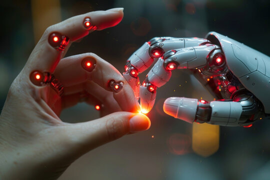 contact between human and robot. The left side of the image is occupied by a human hand extending its fingers towards the robotic hand located on the right.  