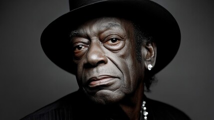 Fototapeta premium Close-up portrait of a senior Black man wearing a fedora. A serious, contemplative mood.