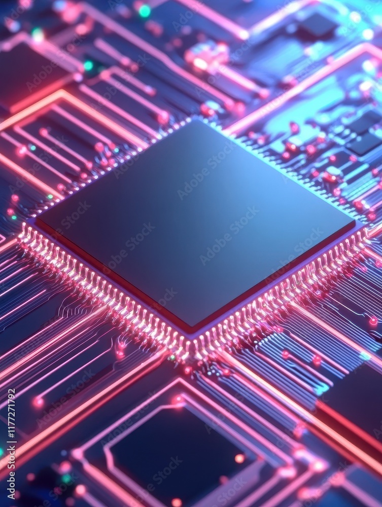 Poster digital circuit microchip on abstract background. computing and technology concept. 3d rendering