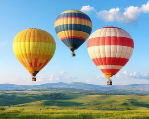 Fototapeta premium Romantic Valentine flight of colorful hot air balloons soaring above meadows under a vivid blue sky