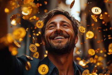 Smiling Businessman Surrounded by Floating Golden Bitcoin Coins, Celebrating Cryptocurrency Success and Wealth in an Urban Background - Perfect for Financial, Investment, and Blockchain Themes