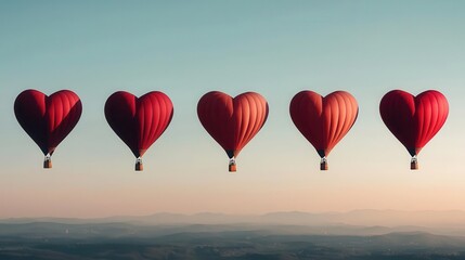 Fototapeta premium Aerial view of heartshaped hot air balloons dotting the horizon on a sunny Valentine morning