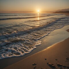 A serene beach at sunrise with soft golden light reflecting on calm waters.