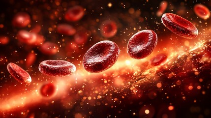 Fototapeta premium Dynamic Visualization of Red Blood Cells in a Stream with Vivid Lighting and Microscale Details