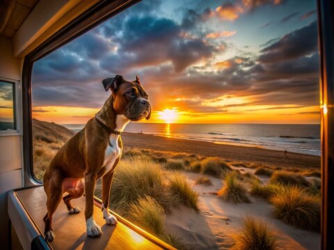 Boxer Dog Gazes from Caravan Window at Swedish Coastline Dunes, Melbystrand, Laholm