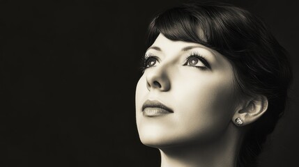 Fototapeta premium A monochrome portrait of a woman gazing upward, conveying contemplation and elegance.