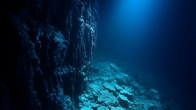  A mysterious deep-sea trench glowing with bioluminescent creatures, hinting at untold secrets