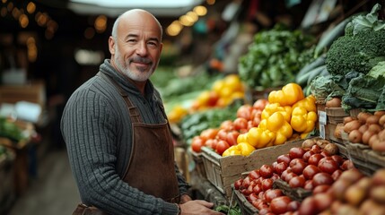 Cheerful Grocer at a Colorful Farmers Market Full of Fresh Produce
