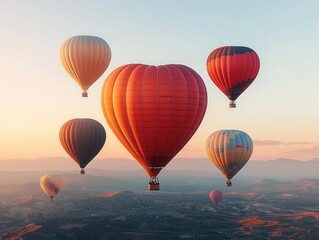 Obraz premium Heartadorned hot air balloons casting golden reflections at sunrise, set against a clear Valentine horizon