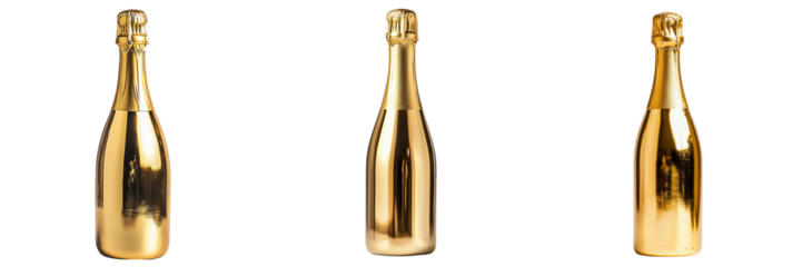 Set of A luxurious gold bottle of champagne standing upright, isolated on a pristine on transparent png background