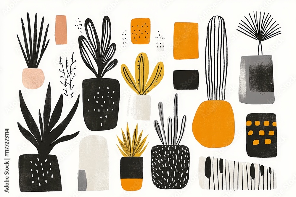 Aufkleber a flat design of a ksar courtyard, with simplified mudbrick structures and palm trees illustrated in