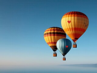 Naklejka premium Hot air balloons with romantic Valentine messages, ascending gracefully into a bright, cloudless sky