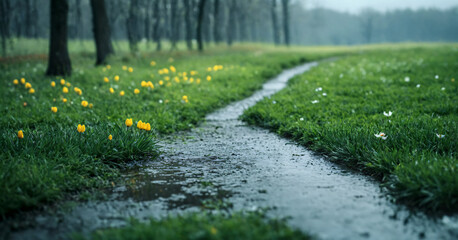 Obraz premium Small winding path through a lush green meadow in the rain. Cluster of yellow flowers on left side of the path. Trees with a hint of mist in the background. 