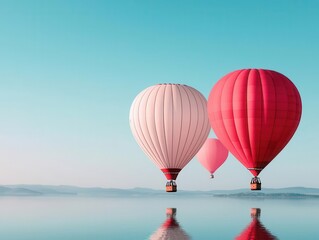 Fototapeta premium Pink and red Valentine hot air balloons reflecting on a lake under a clear, radiant sky