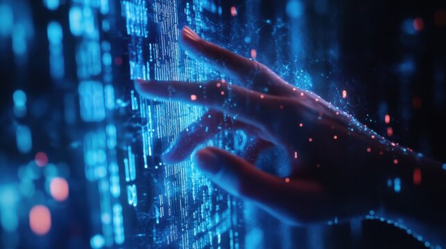 Close up of hand using laptop at desktop with abstract glowing blue coding background. Binary code, technology, data and internet concept. Double exposure