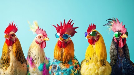 Fototapeta premium Creative animal concept. Group of chicken in funky Wacky wild mismatch colourful outfits on bright background advertisement, copy space. birthday party invite invitation banner