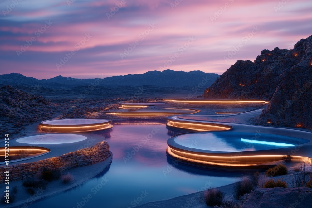 Fototapete a futuristic ksar with glowing edges and hovering structures, set by an oasis that emits a radiant b