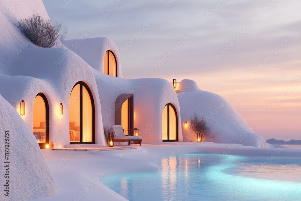 Fototapete a futuristic ksar with glowing edges and hovering structures, set by an oasis that emits a radiant b