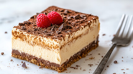 Delicious chocolate mousse slice topped with raspberries and chocolate shavings
