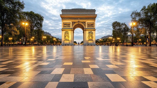 High resolution image of Arc de Triomphe at dusk, showcasing its grandeur